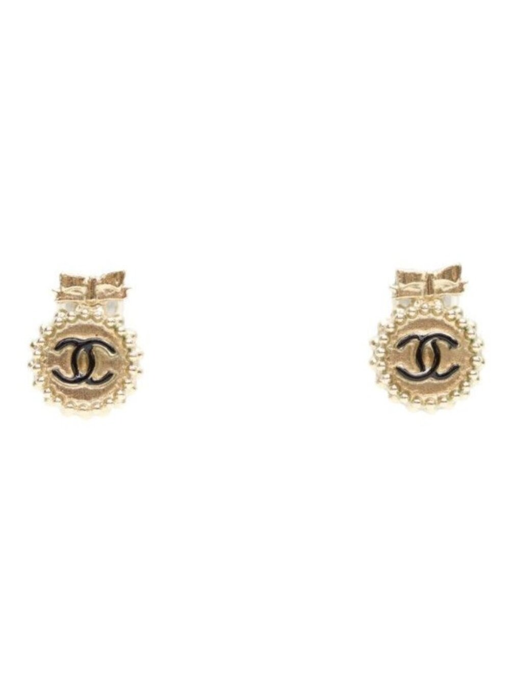 Chanel 14c Gold Round CC Logo Ribbon Earrings